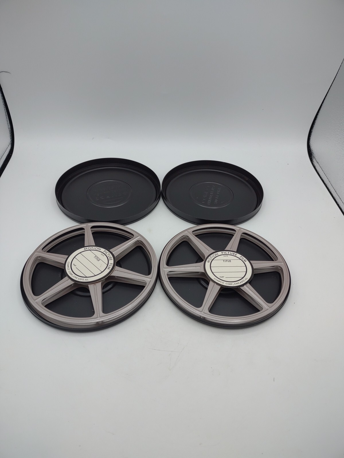 2 Vintage Compco 300 ft 8mm Film Canister and Take Up Reel 6″ USA Metal Case