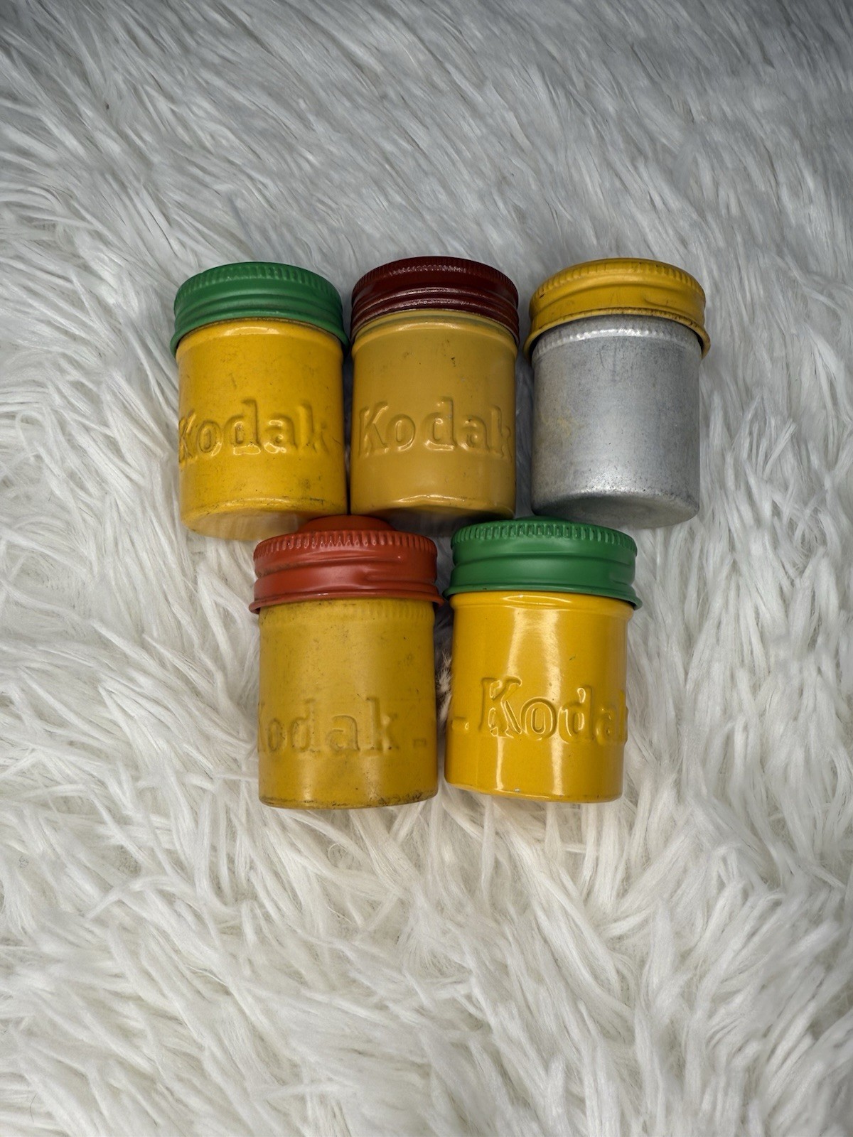 Lot of 5 Vintage Metal Kodak 35mm Film Canisters Yellow, Red, Silver, Green