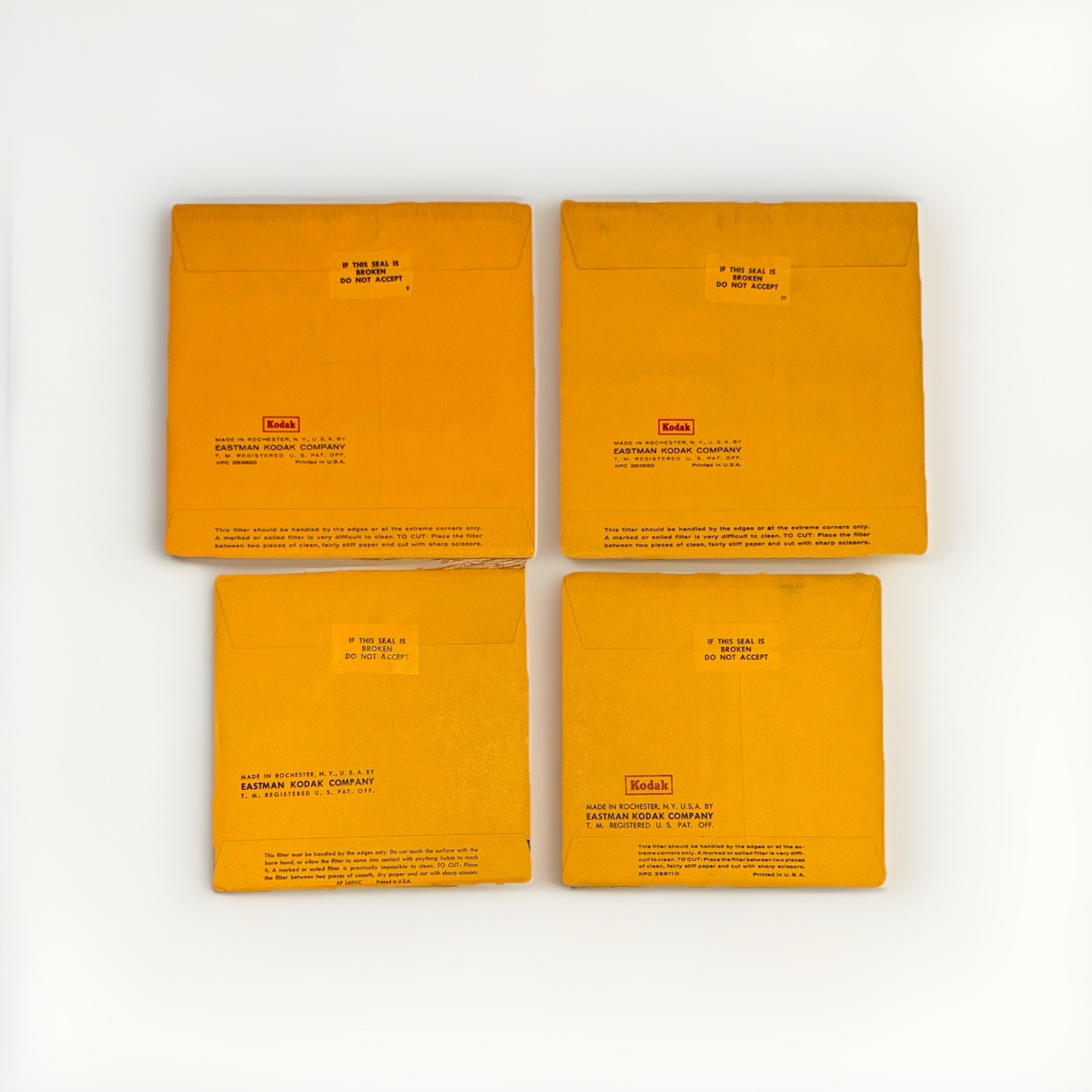 4 Sealed Kodak Wratten Gelatin Filters – Nos. 26, 24, 52 (5”), 57 (4.25”) Rare