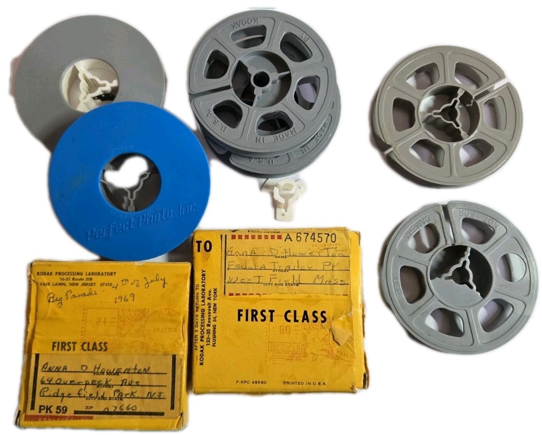 SUPER-8 Grey Plastic Movie Film Reels Lot. 5 empty 1 full, 2 boxes, adapter ect