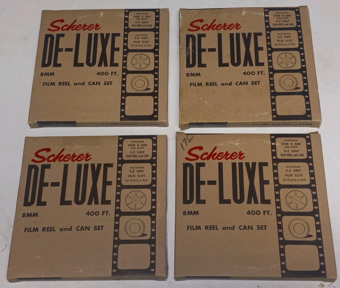 (4) Vintage Scherer 8mm 400 ft 7″ Film Reels W/Metal Cannisters Brown NEW IN BOX