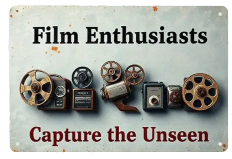 Film Equipment Metal Sign – Retro Cinema Decor with Film Reel- NEW 12 x 8