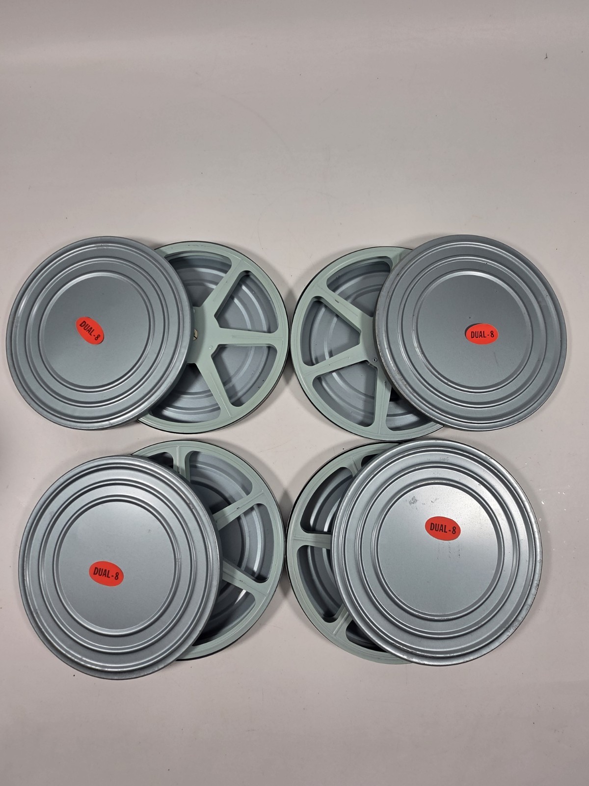 Set Of 4 Vintage Dual-8 8mm 7 in metal reel and can Old School Tv Nostalgia
