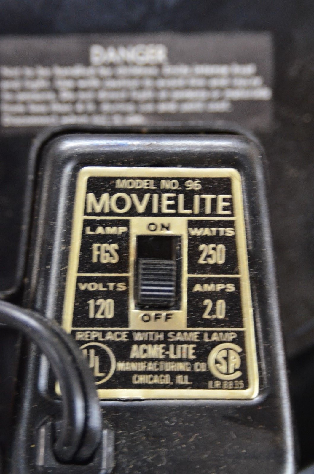 Acme-Lite Model 96 Cameralite 250 Watts 120 Volt SUPER 8 Camera NOS NEW Vintage