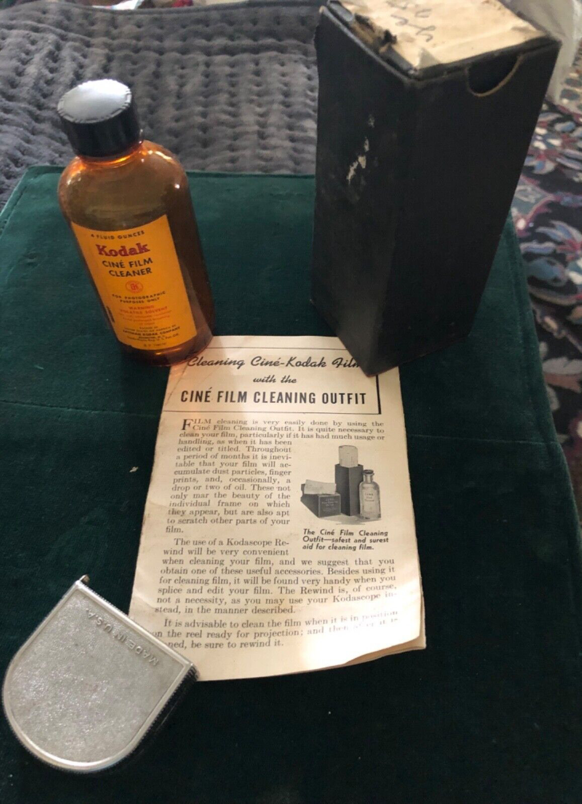 Vintage KODAK Cine Film Cleaner, Bottle,Box Holder, Instructions