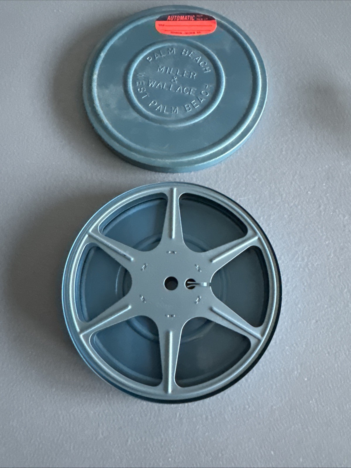 Vintage Film Take Up Metal Reel w/Canister Marked Palm Beach Miller Wallace
