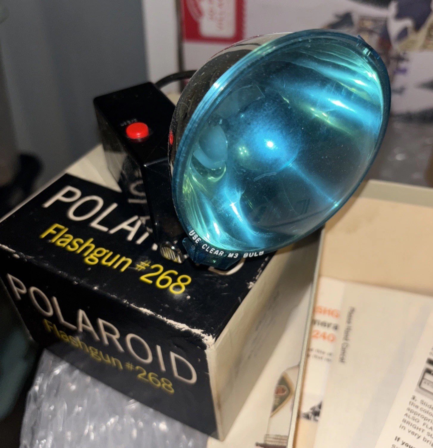 Vintage Polaroid Model 268 Flash Bulb Attacment with Blue Lens ~ Box & paperwork