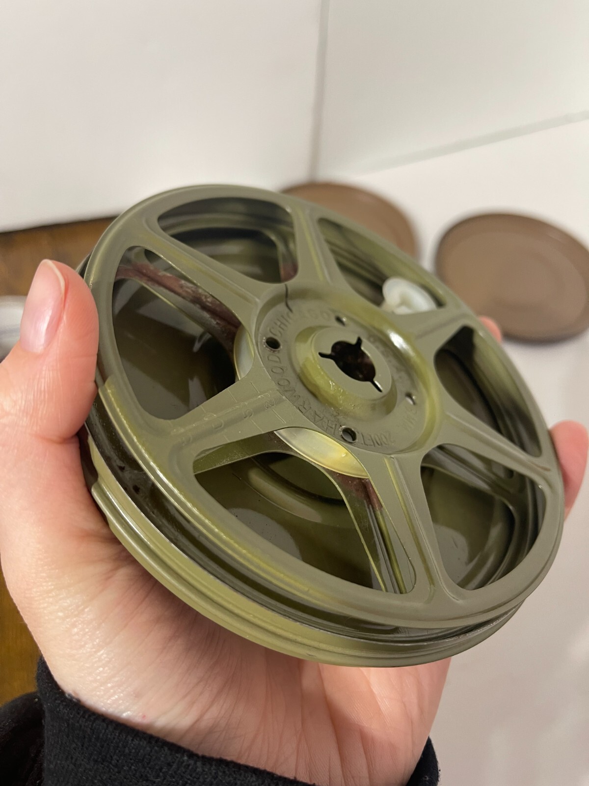 Lot of 2 Vintage Harwood 8mm Reel & Can Film Holders Wood Grain Metal Case