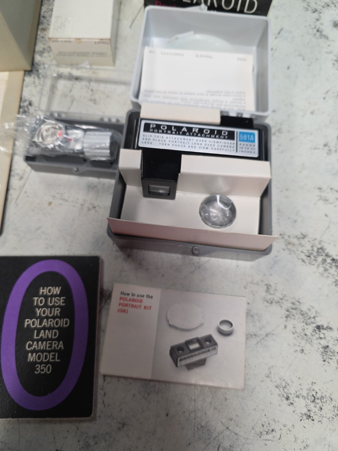 Polaroid 350 BOOK kit 581A flash 268 self timer 192 and accessory LOT No Camera