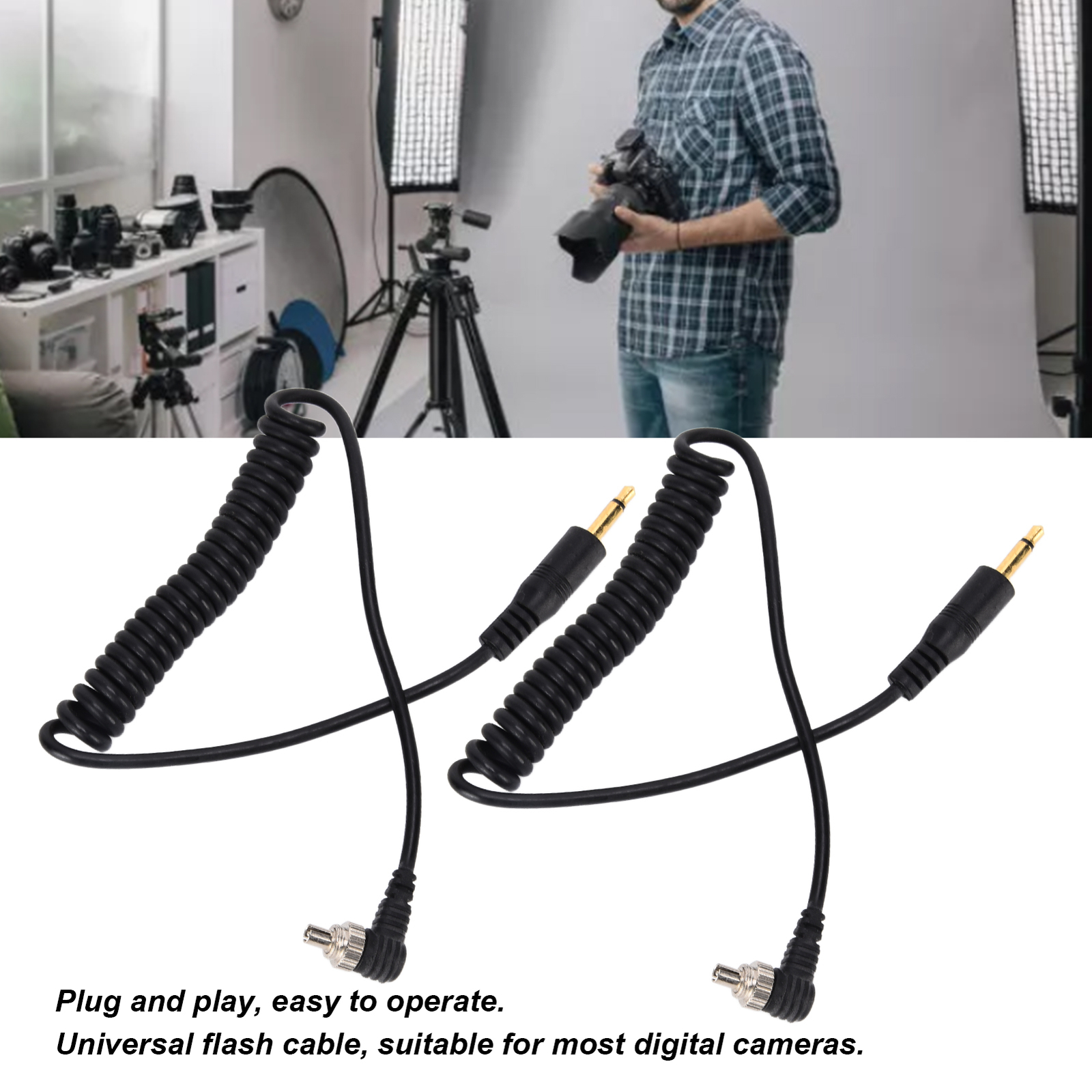 2pcs Camera Flash Cable Universal 3.5mm To Male Flash PC Sync Cable Coiled Cord