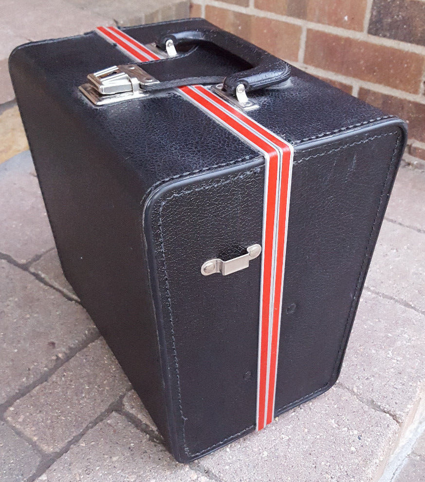 Vtg Camera Case/Box-Black w Red Stripe-Clasp-No Key-Strap-Film Photography Old..
