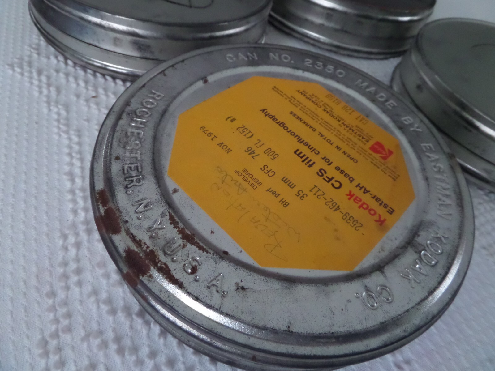 4 Vtg Kodak CFS film metal containers Cat 128 8158 empty cinefluorography 1979
