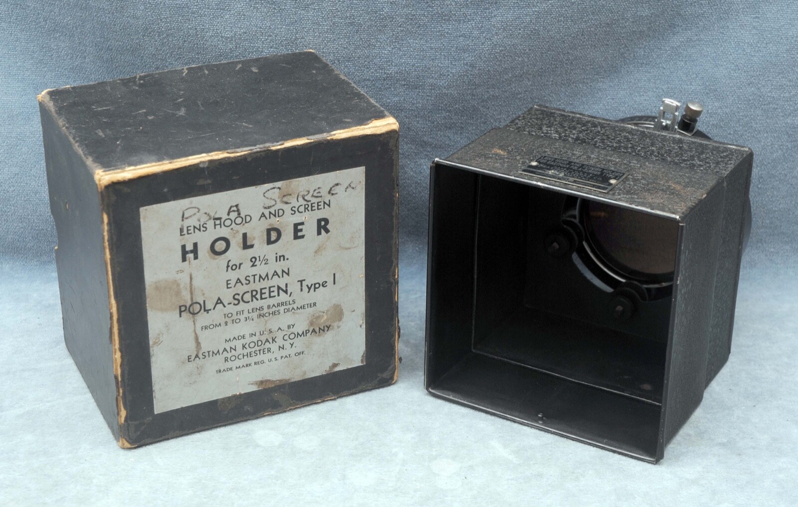 VINTAGE LARGE CLAMP-ON LENS HOOD & FILTER HOLDER FOR BARRELS OD OF 2″ TO 3-1/4″