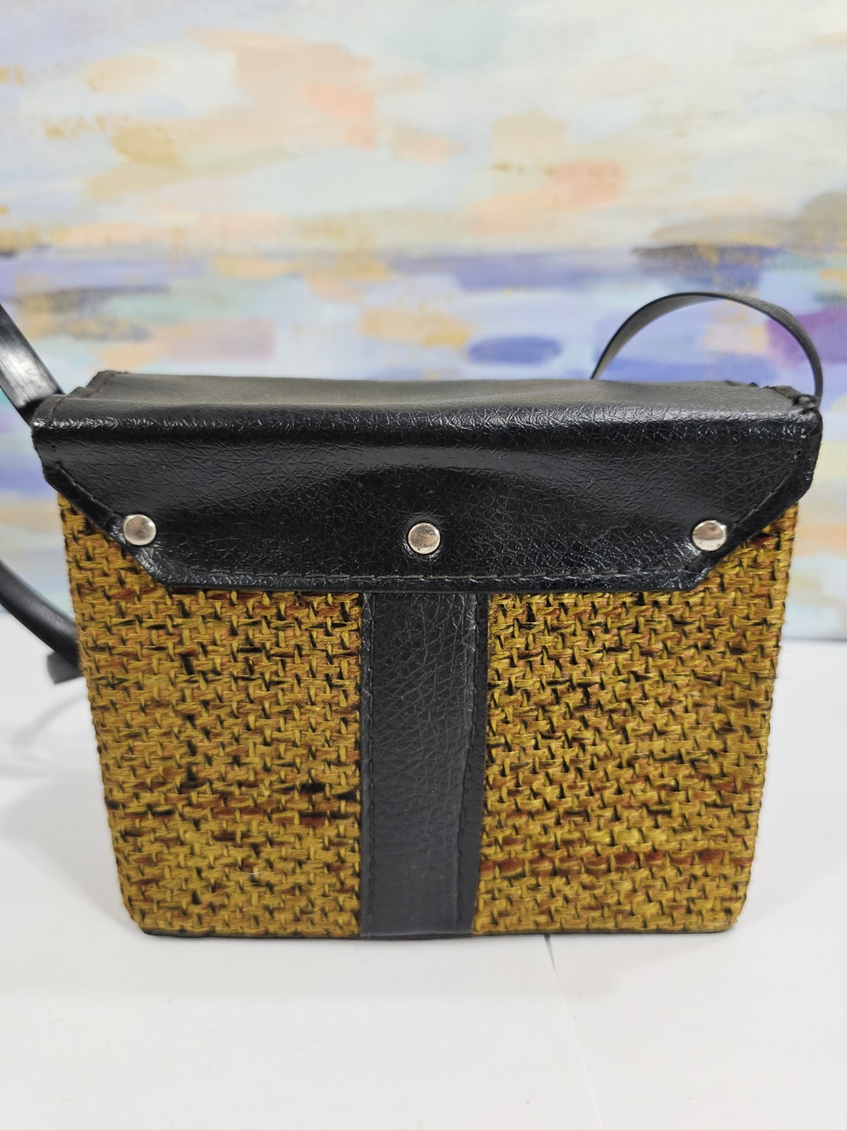 Vintage Brown Tweed Weave Shoulder Small Camera Bag W/clasp