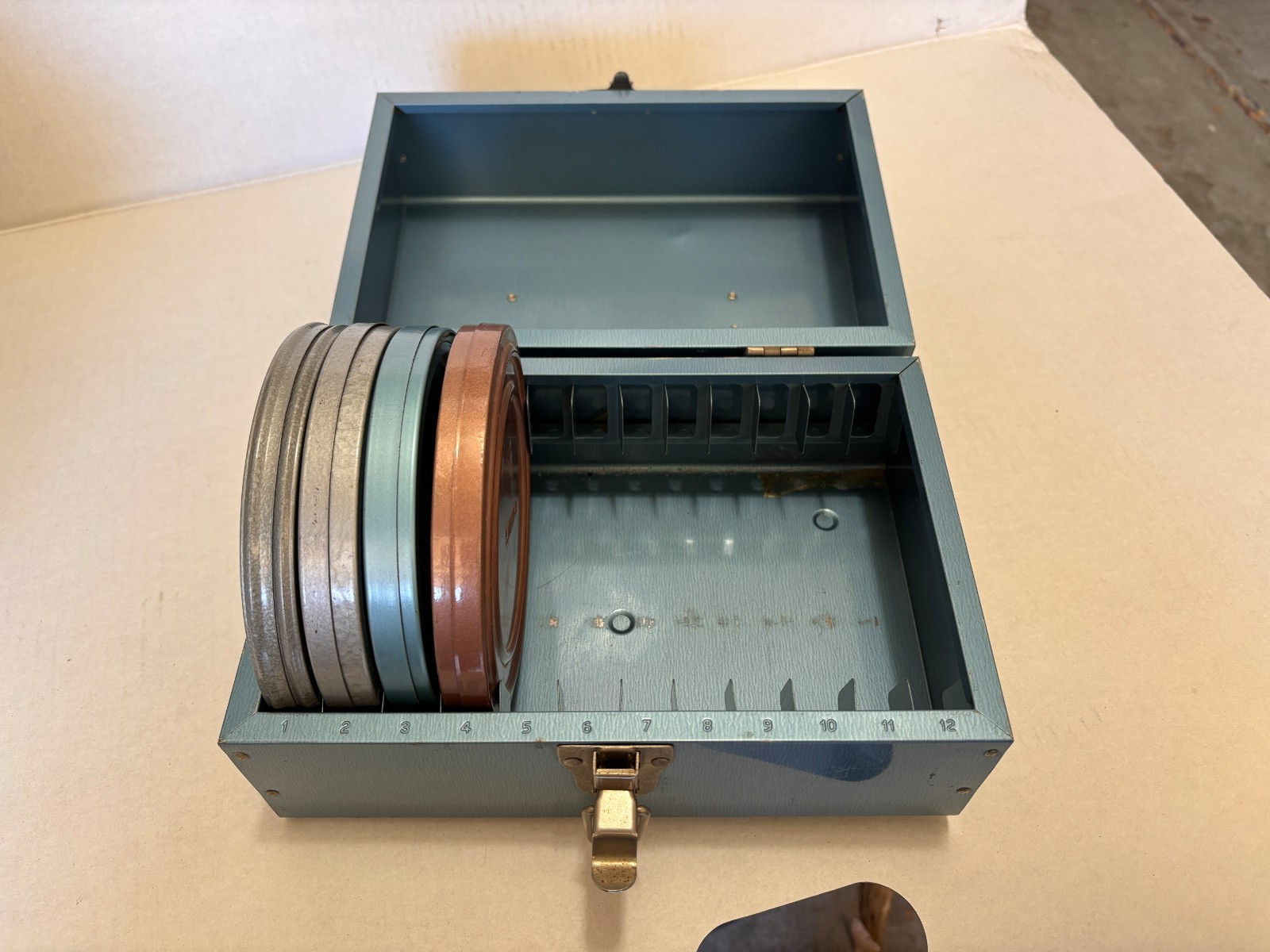 Vintage Blue Metal 8mm Film Case + 4 Metal Cans