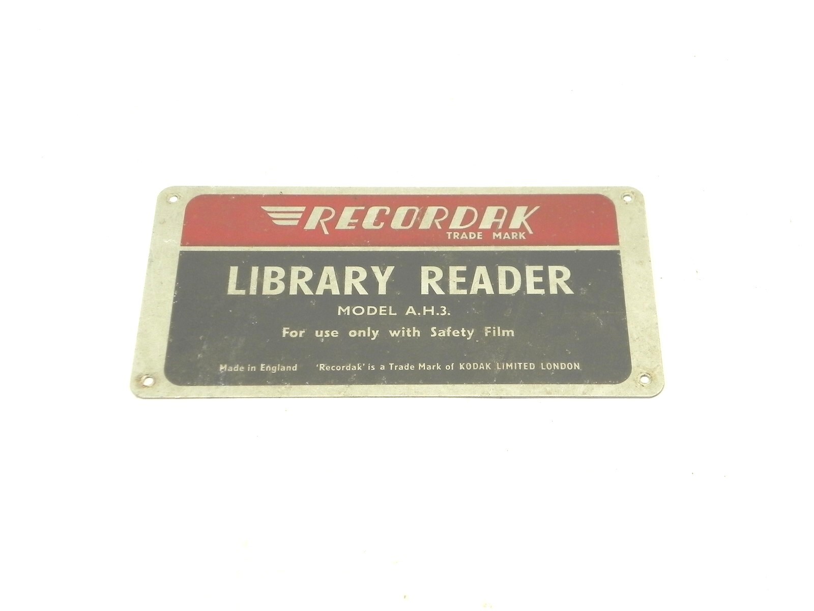 VINTAGE 1960’S KODAK RECORDAK MODEL A.H.3. LIBRARY READER NAMEPLATE AND 3 OTHERS