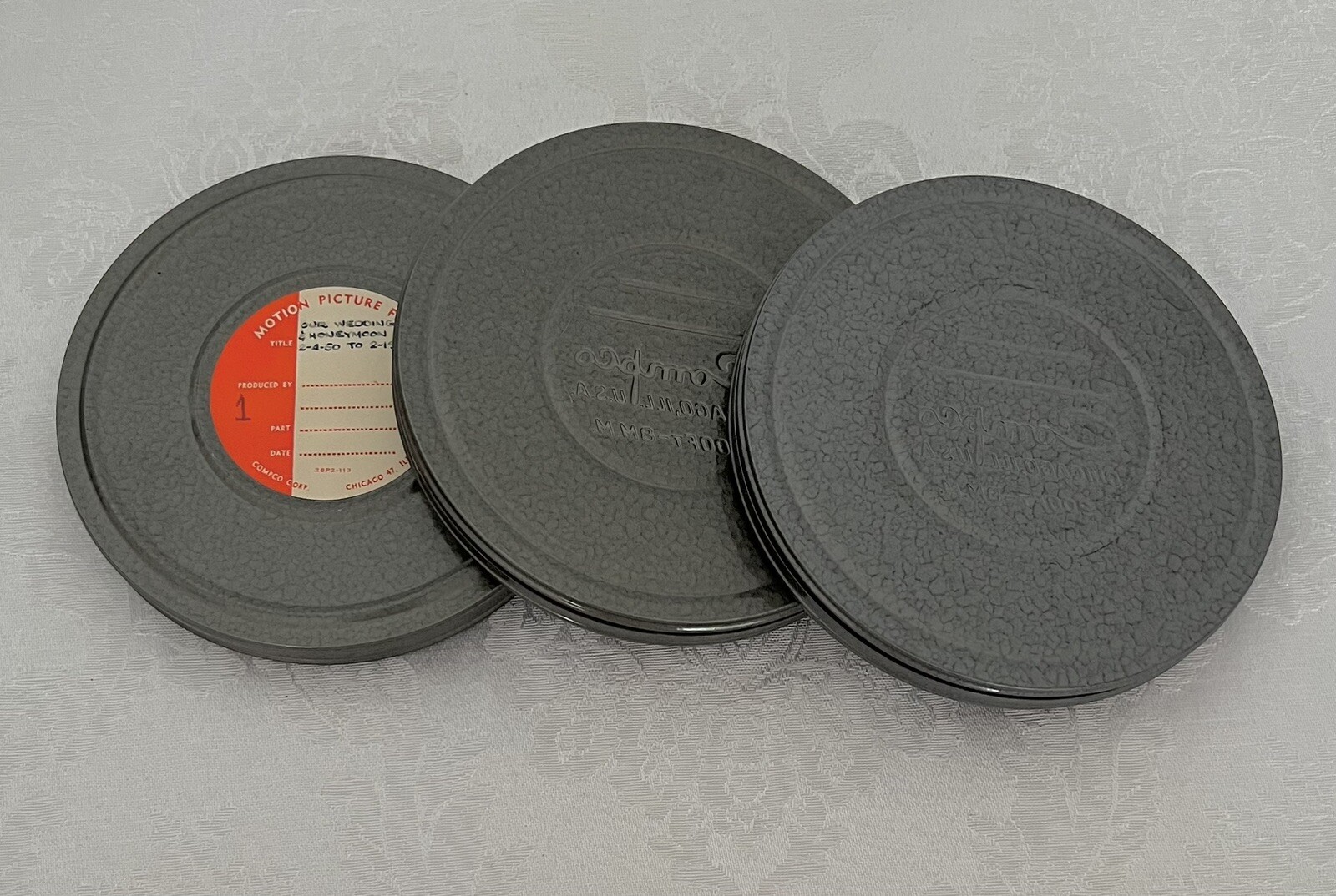 Vintage 1950s • Lot of 3 • 5″ Compco Chicago 8mm 200’ Film Canisters & Reels