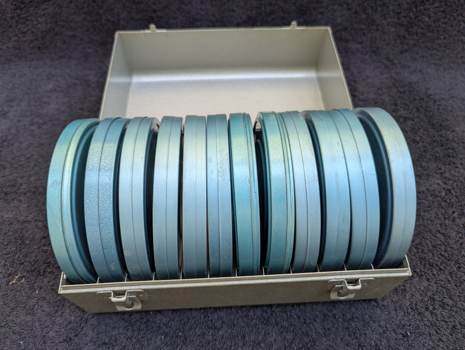 Vintage Brumberger Steel Storage Box for 12 8mm Film Reels with 12 Cans & Reels