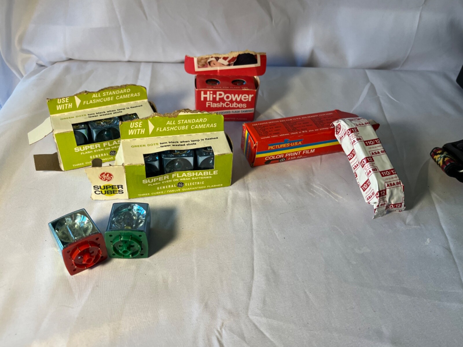 vintage flashcubes and 110 film packs, including GE Super Cubes, Hi-Power FlashC
