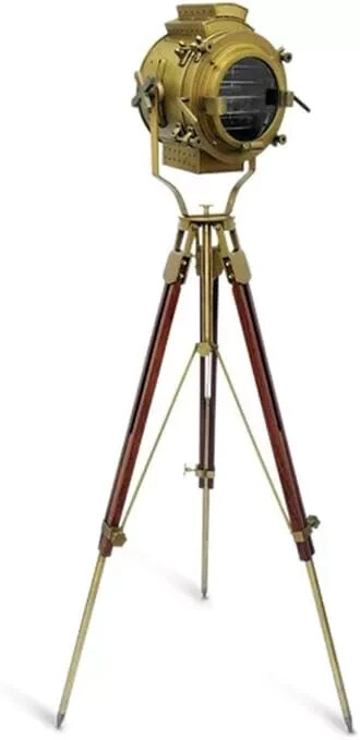 Antique Finish Brass Spotlight Searchlight Wooden Tripod Floor Lighting