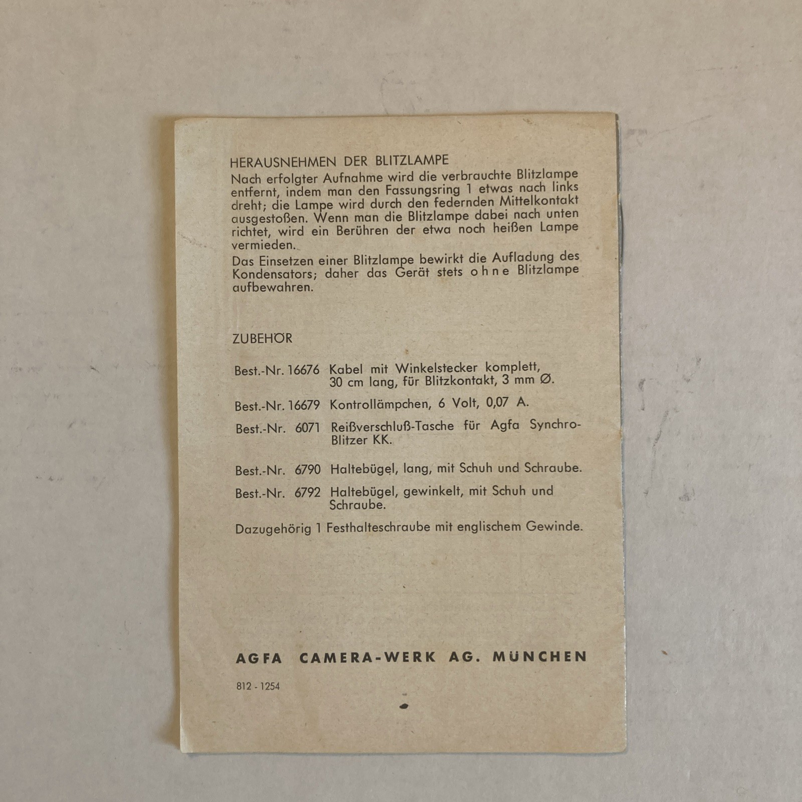 Manual For Agfa Synchro Blitzer Gebrauchsanweisung