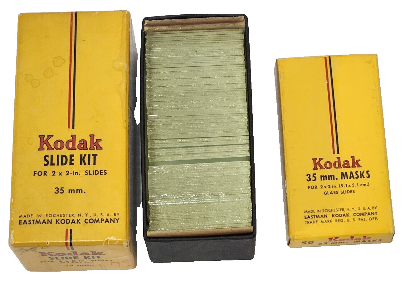 Vintage Kodak 2 x 2 35mm Slide Kit Masks & Labels Glass NO Tape USA