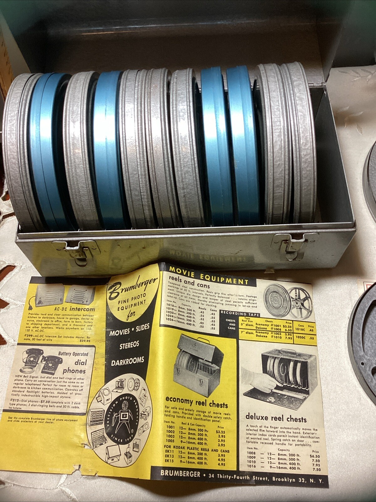 Vintage Brumberger Metal Case With 12 – 5” Movie Reels And Extra Bonus 7” Reel