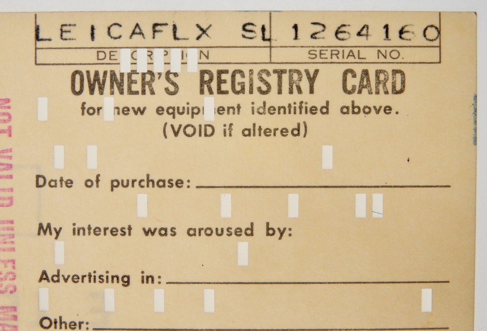 Owner’s Registry Card of Leicaflex SL #1264160
