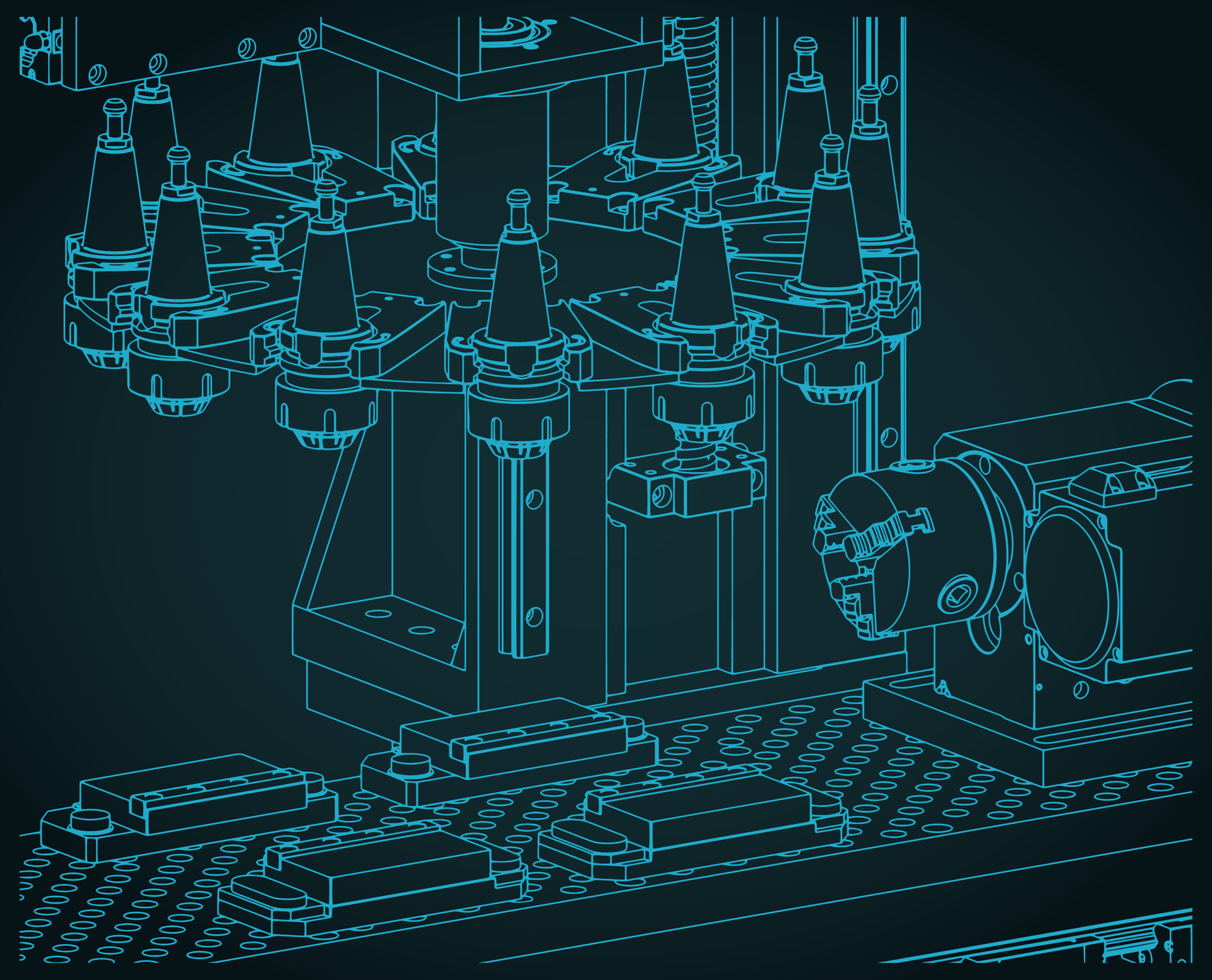 Technical blueprint illustration of CNC milling machine