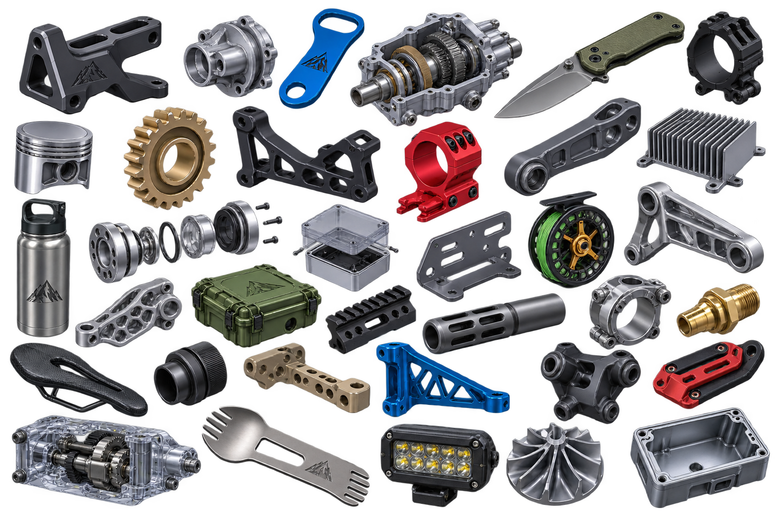 Collection of 3D CAD-modeled mechanical and outdoor gear parts including gears, brackets, a knife, and a bottle opener