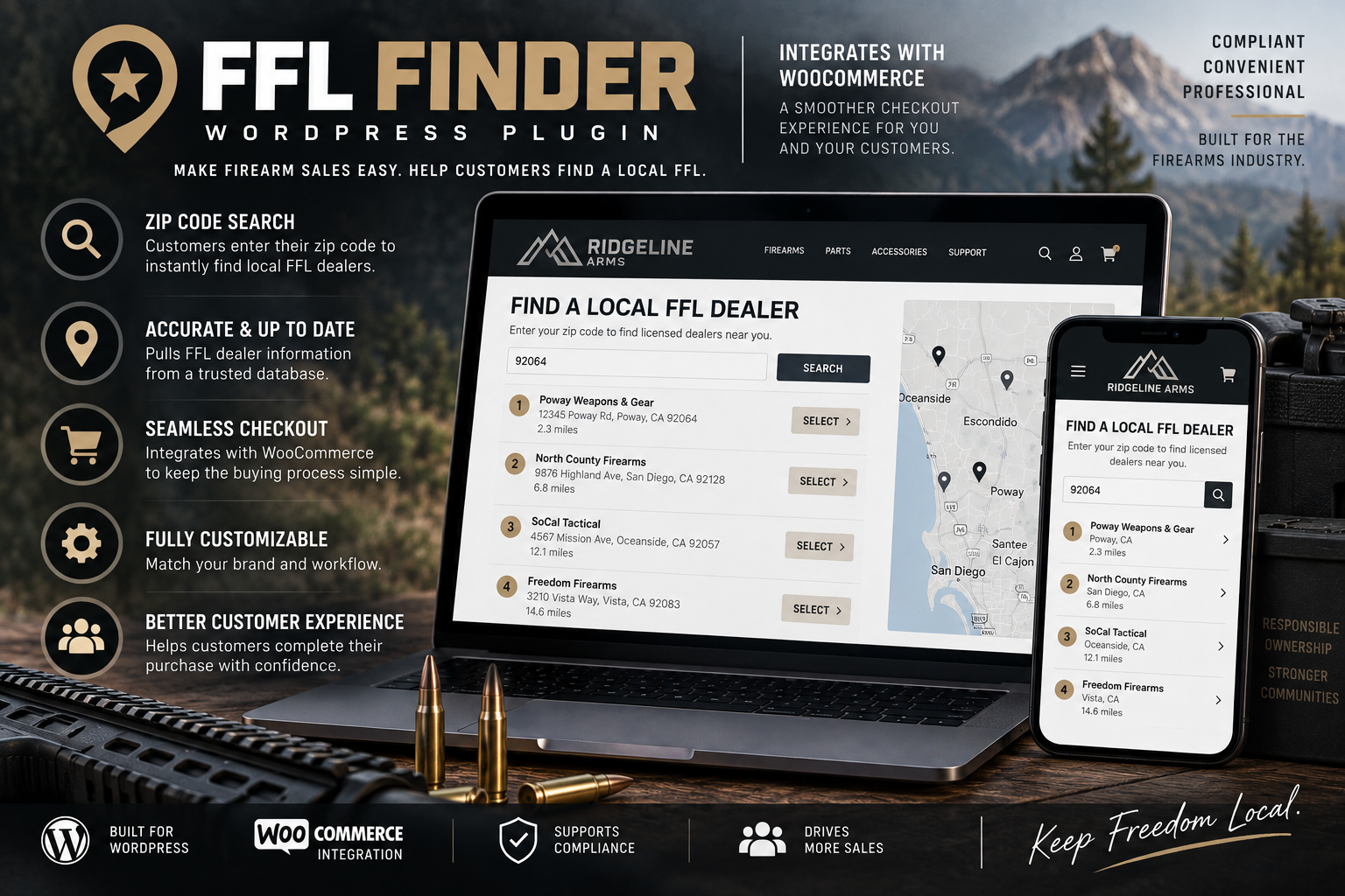 FFL Finder WooCommerce plugin showing a local FFL dealer search on a laptop and phone