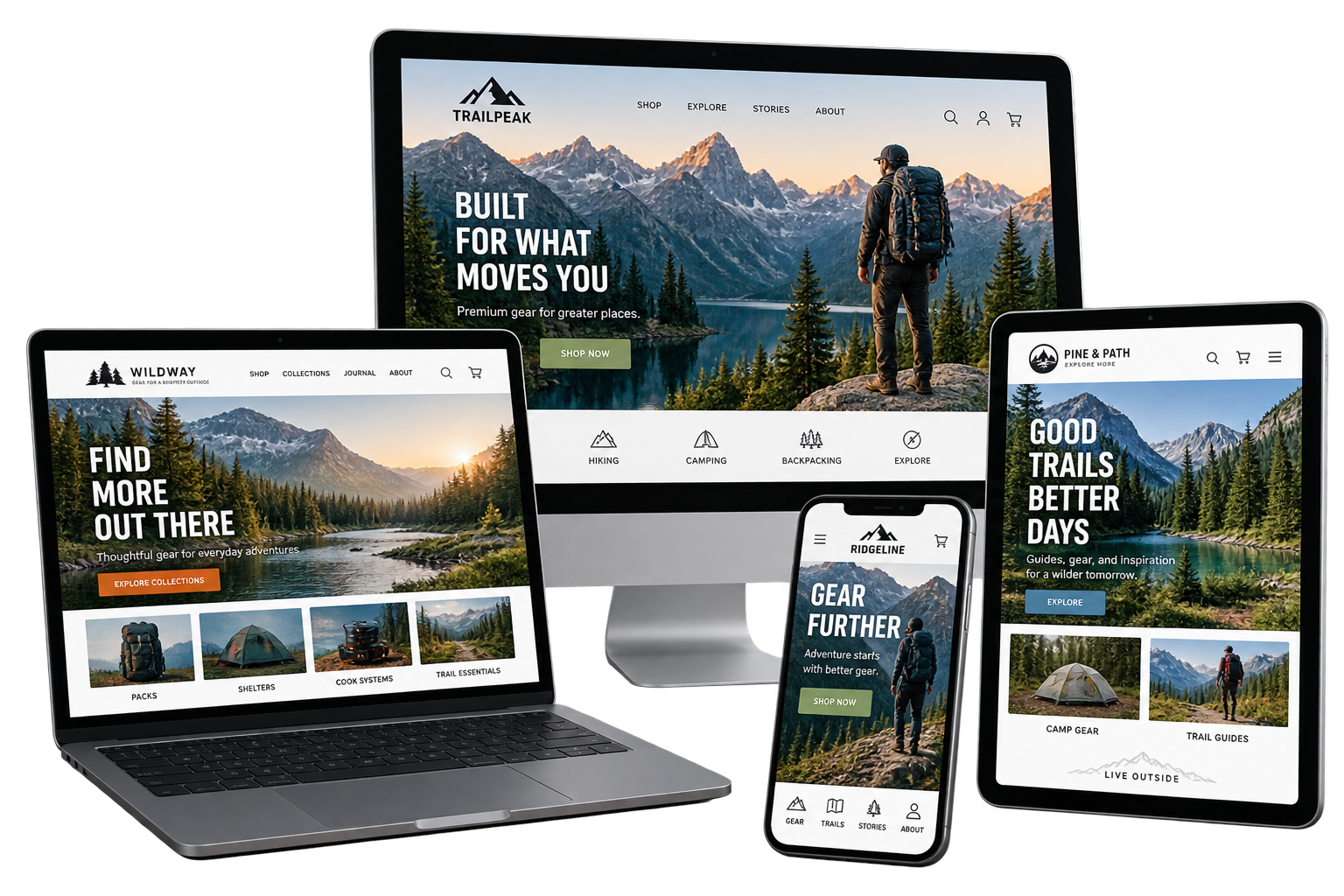 Outdoor-industry ecommerce website designs shown on desktop, laptop, tablet, and phone screens