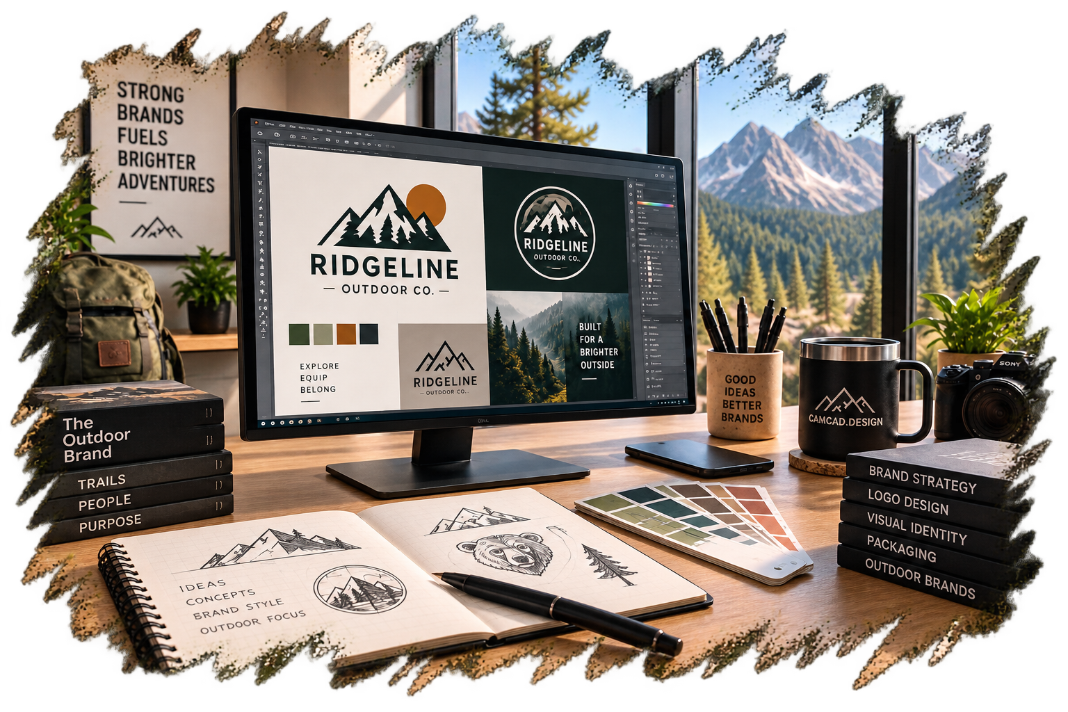 Logo and brand identity design concepts for an outdoor company shown on a desktop monitor in a design studio