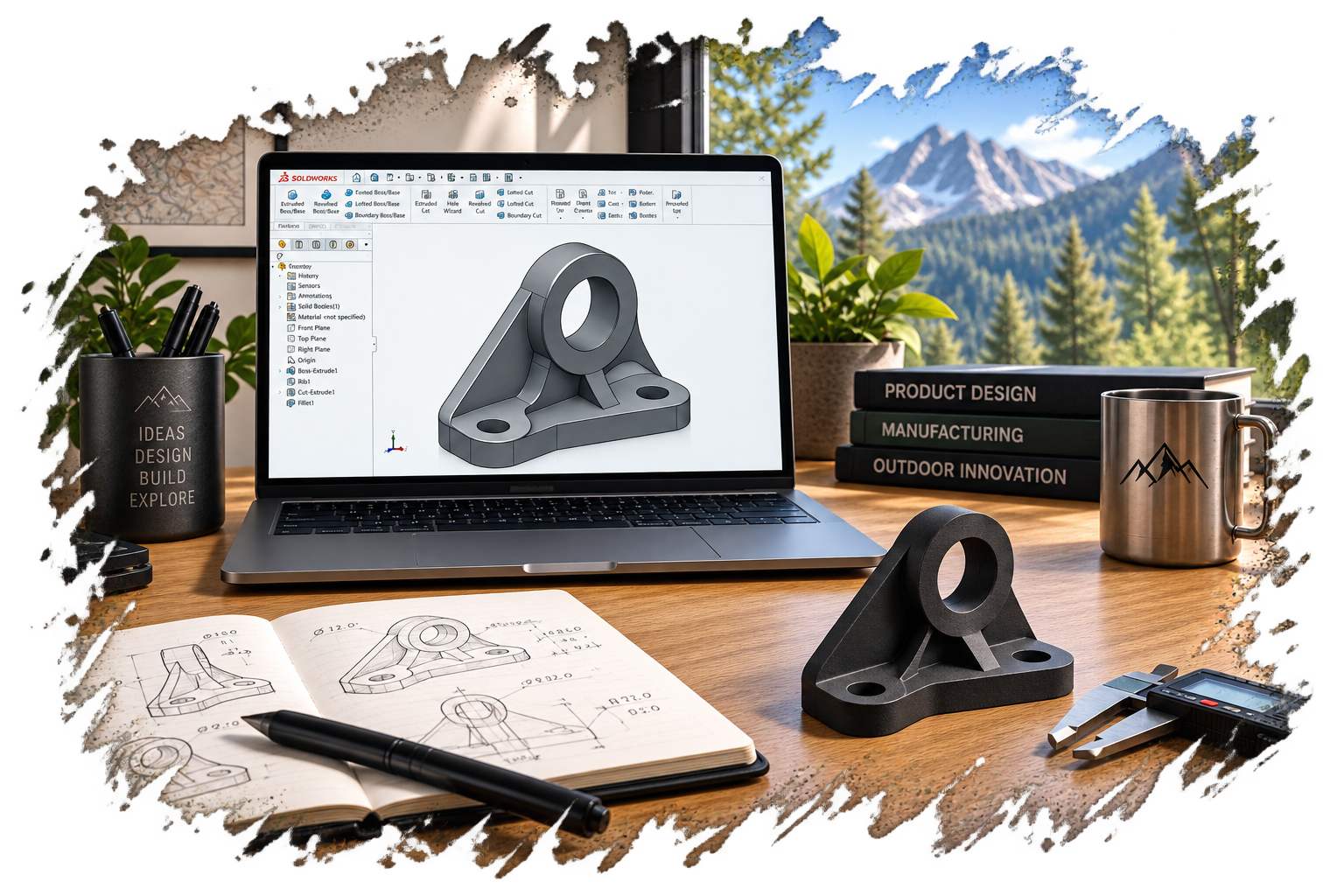 3D CAD model of a mounting bracket in SolidWorks beside the finished part and digital calipers