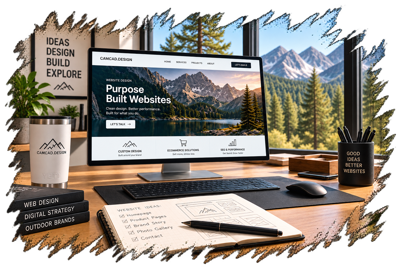 Website design mockup on a desktop monitor showing a mountain-themed homepage
