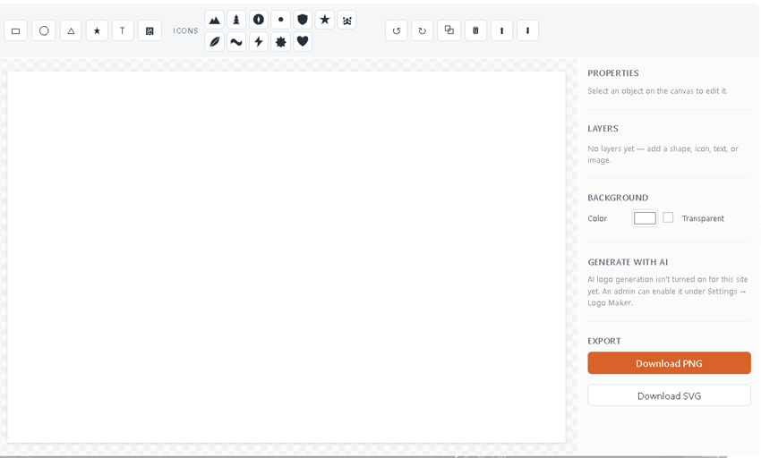 Logo maker tool interface with icon shapes, layer controls, and PNG and SVG download options