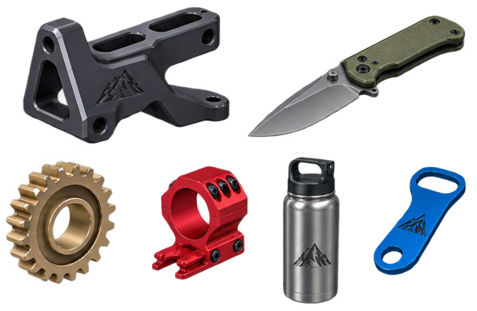 Custom CAD-modeled outdoor gear parts including a bracket, folding knife, gear, scope ring, water bottle, and bottle opener