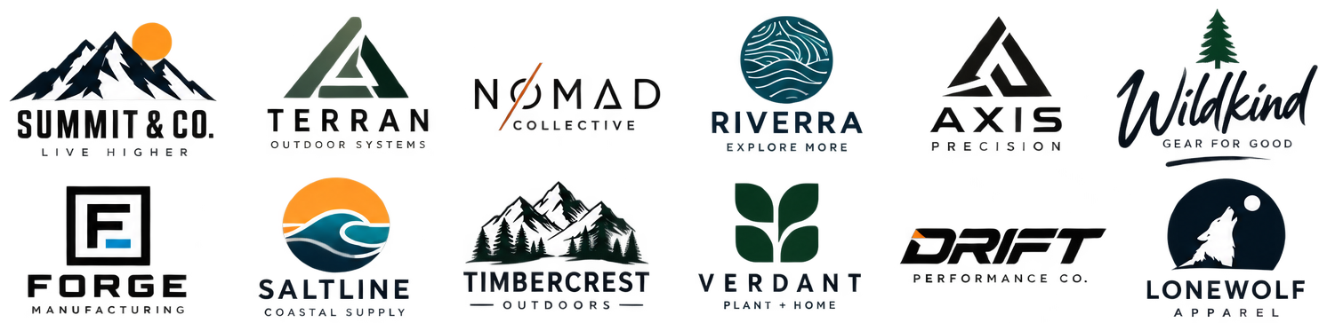 Logo concepts for Summit & Co, Terran, Nomad Collective, Riverra, Axis, Wildkind, Forge, Saltline, Timbercrest, Verdant, Drift, and Lonewolf