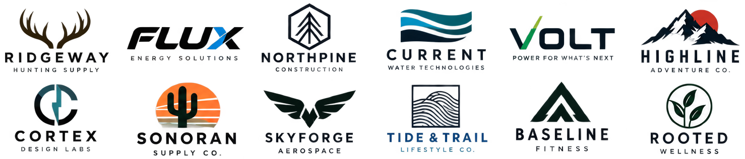 Logo concepts for Ridgeway, Flux, Northpine, Current, Volt, Highline, Cortex, Sonoran, Skyforge, Tide & Trail, Baseline, and Rooted