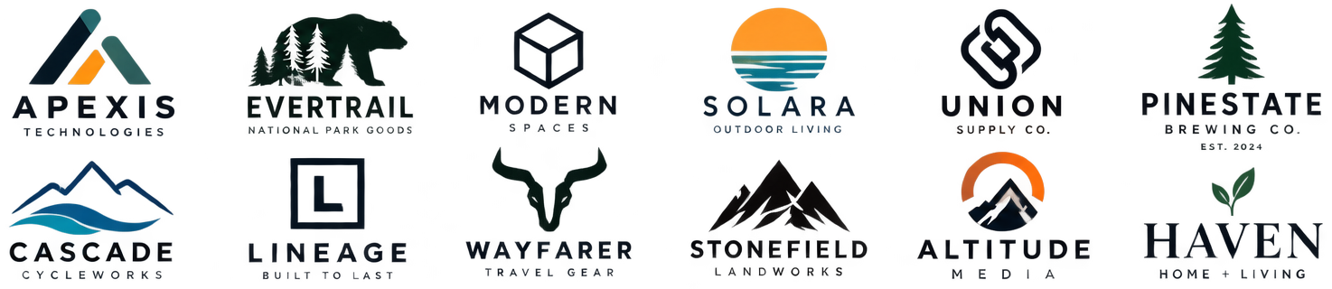 Logo concepts for Apexis, Evertrail, Modern Spaces, Solara, Union, Pinestate, Cascade Cycleworks, Lineage, Wayfarer, Stonefield, Altitude Media, and Haven