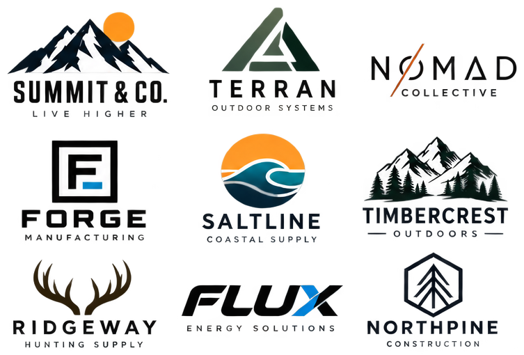 Nine custom logo concepts including Summit & Co, Terran, Nomad Collective, Forge, Saltline, and Timbercrest