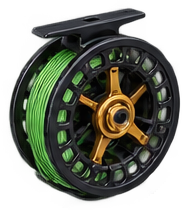 CAD-modeled fly fishing reel with green line and gold spokes