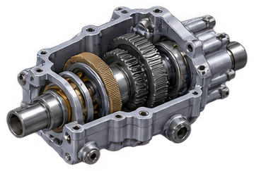 Cutaway view of a CAD-modeled gearbox assembly