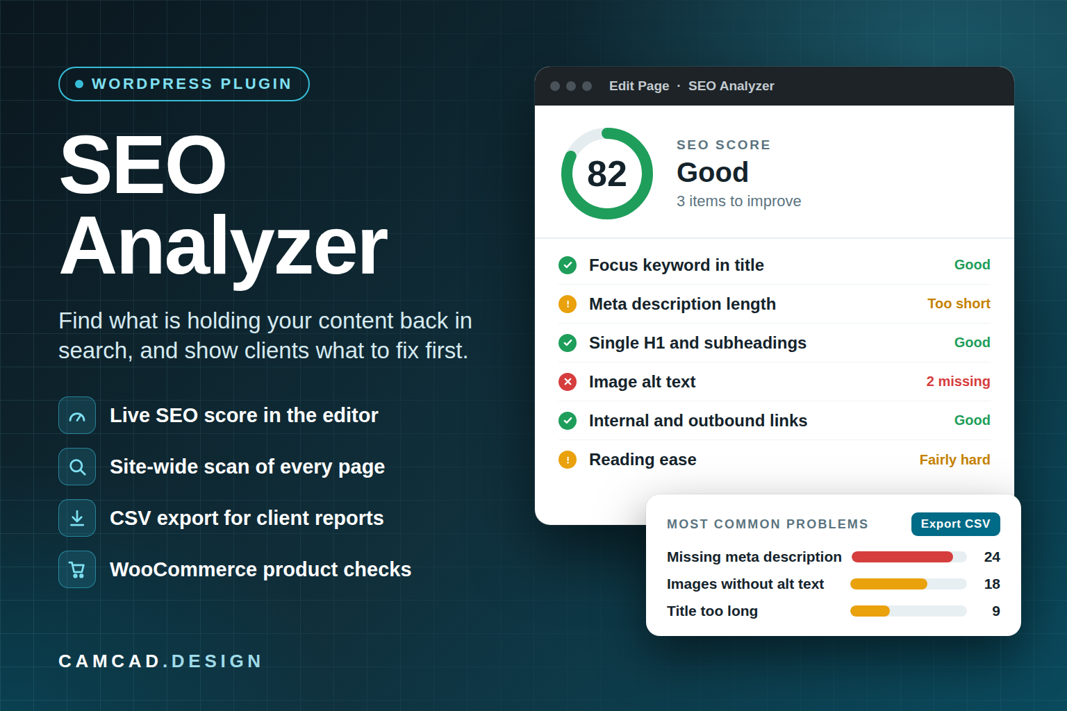 CamCad SEO Analyzer WordPress plugin showing a live SEO score, checklist, and most common site problems