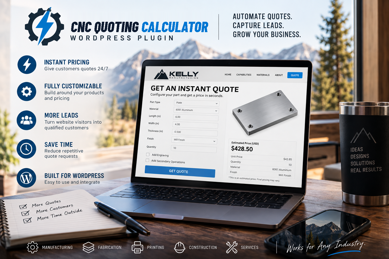 CNC Quoting Calculator WordPress plugin for automated quotes and lead capture, shown on a laptop