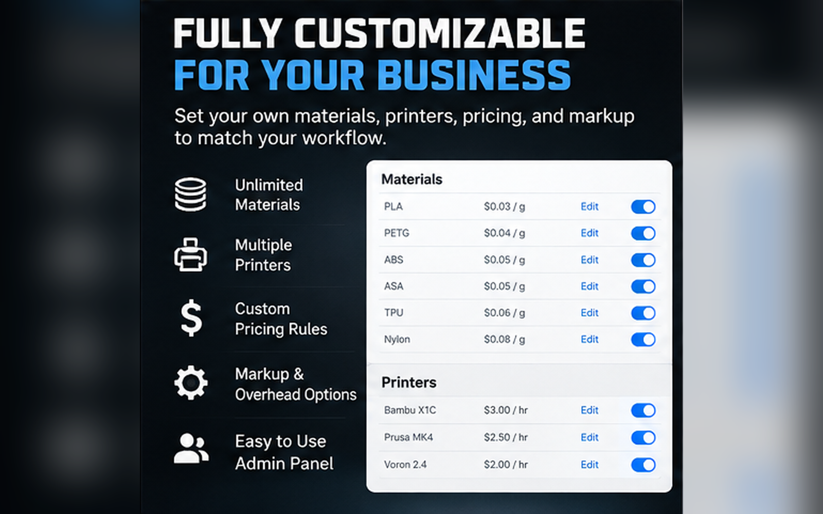 3D print quoting calculator settings for custom materials, printers and pricing