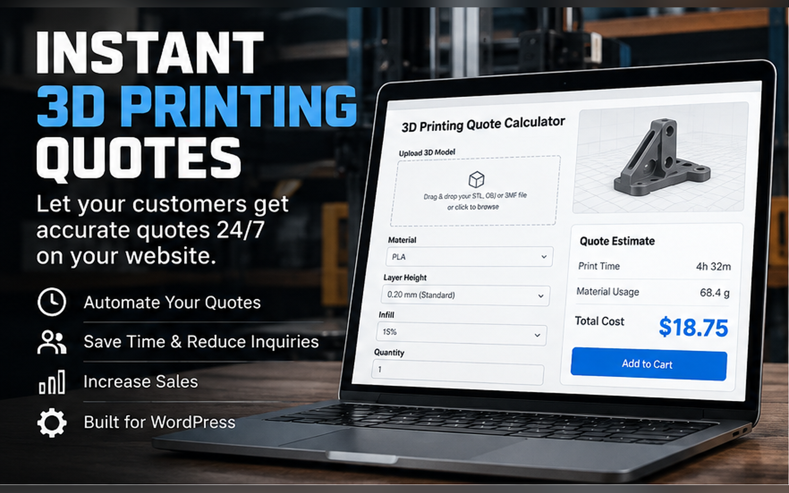 3D Print Quoting Calculator WordPress plugin showing an instant 3D printing quote
