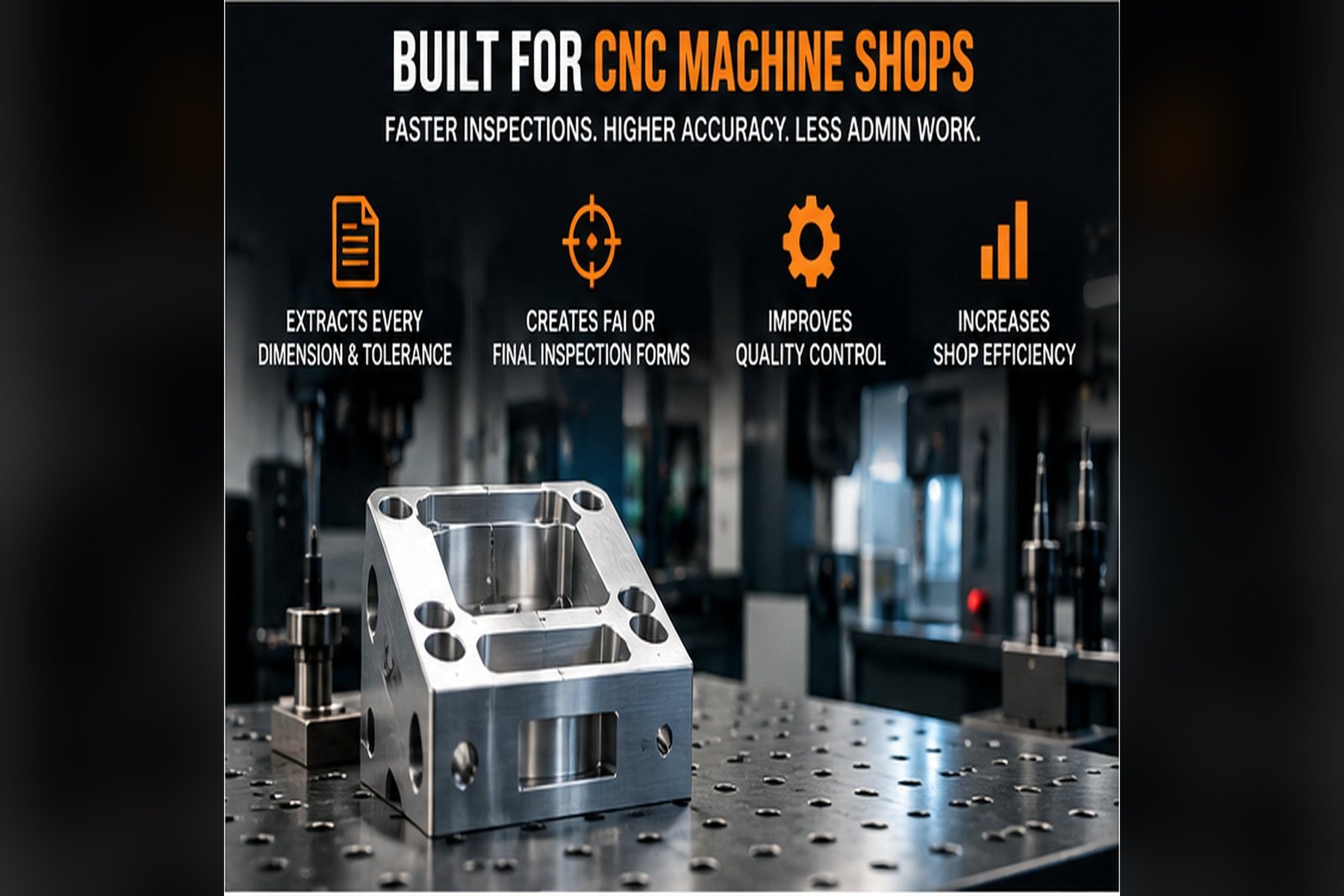 Machined aluminum part on an inspection table in a CNC machine shop, FAI form software for faster inspections and quality control