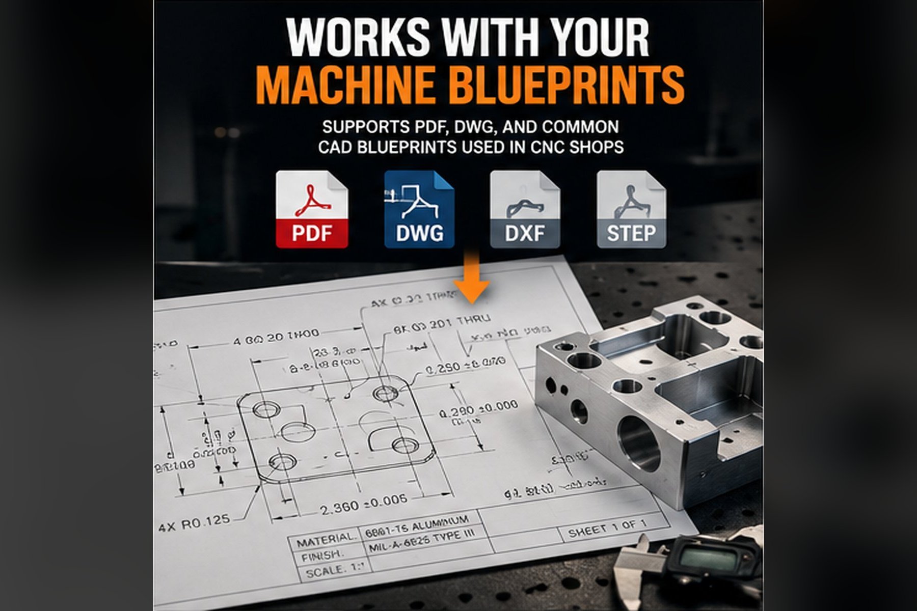 Machined aluminum part next to its CAD blueprint with diameter, radius and plus-minus tolerance callouts read by the FAI generator