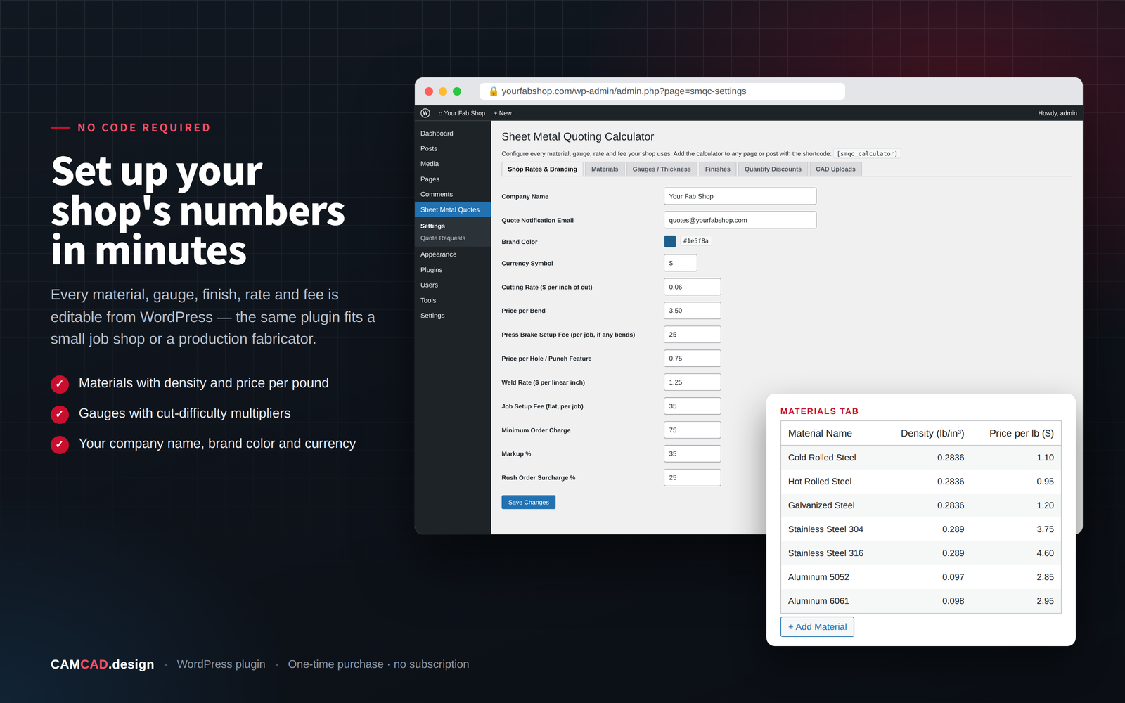 Sheet Metal Quoting Calculator settings in WordPress with shop rates, branding and a materials table with density and price per pound